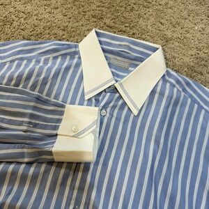 Stefano Ricci Shirt Mens XL Blue Stripe Contrast Collar Long Sleeve Dress Italy